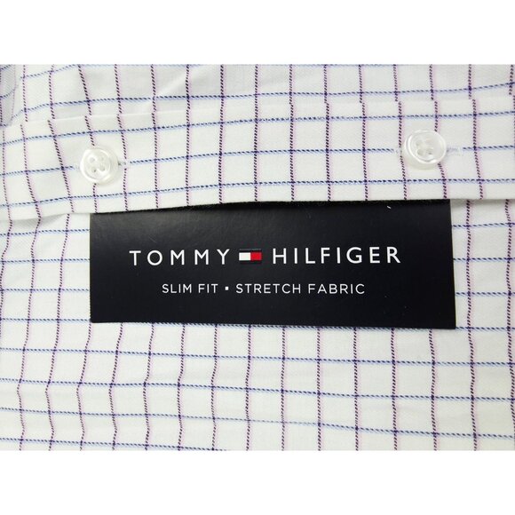 Tommy Hilfiger Slim Fit Stretch 16.5 34-35 Large White Plum Blue Check Shirt NWT - Picture 7 of 11